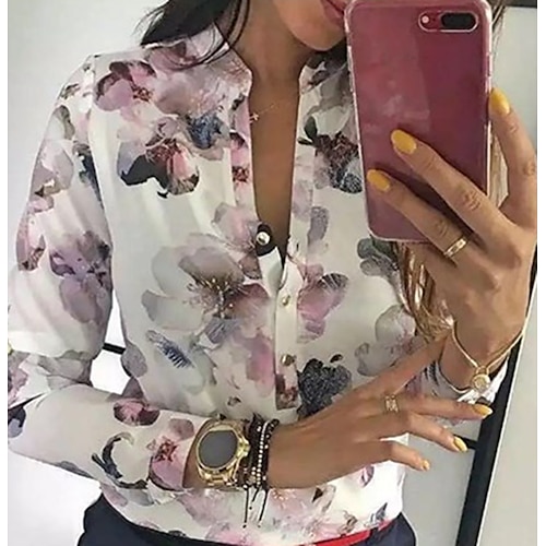 

Mujer Camisa Blusa Blanco Floral Botón Estampado Manga Larga Festivos Fin de semana Ropa de calle Casual Cuello Mao Regular Flor S