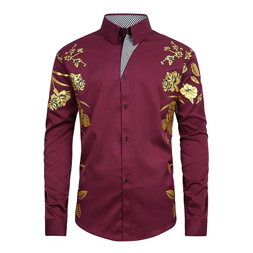 

Men's Tuxedo Shirts Prom Shirt Floral Turndown Wine Black Print Party Outdoor Long Sleeve Button-Down Print Clothing Apparel Fashion Breathable Comfortable / Summer / Spring / Summer / Club