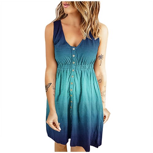 

Women's Shift Dress Short Mini Dress Blue Black Purple Orange Yellow Sleeveless Floral Color Gradient Button Print Spring Summer V Neck Casual 2022 S M L XL
