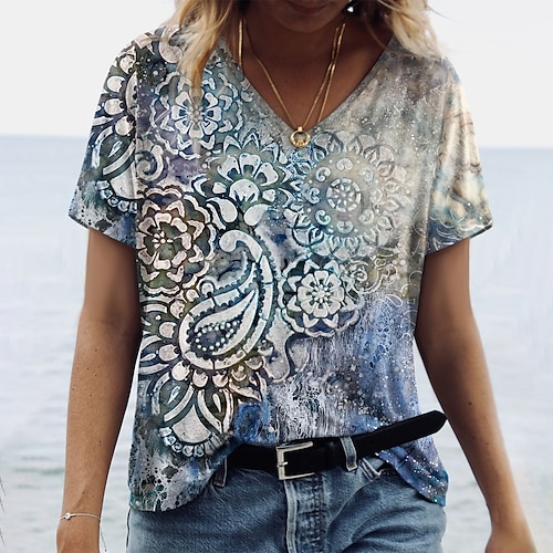 

Mujer Camiseta Azul claro Floral Estampado Manga Corta Casual Festivos Básico Escote en Pico Regular Flor Pintura S