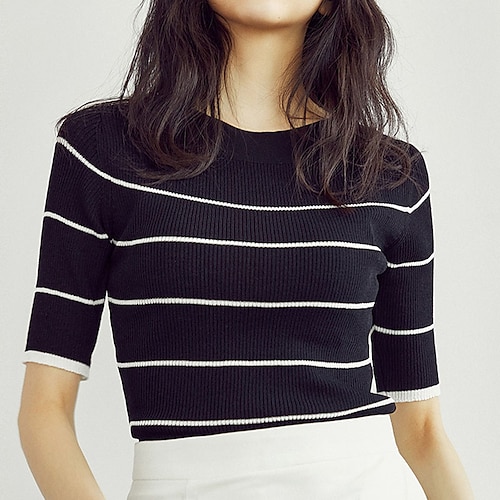 

Women's Sweater Pullover Jumper Stripe Knitted Striped Stylish Casual Soft Short Sleeves Sweater Cardigans Crew Neck Spring Summer White Black