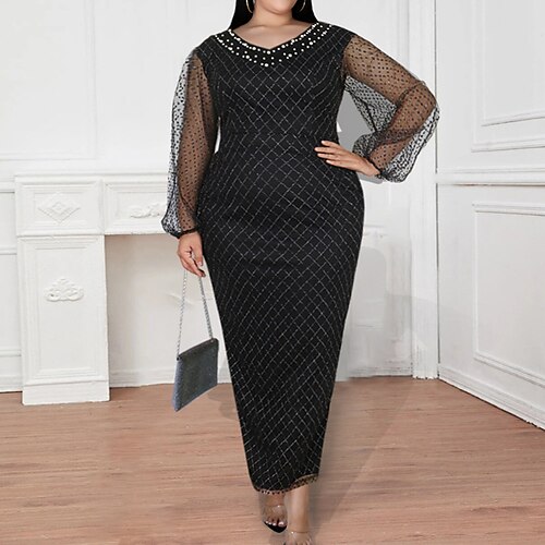 

Women's Plus Size Party Dress Solid Color V Neck Mesh Long Sleeve Fall Spring Prom Dress Maxi long Dress Party Going out Dress