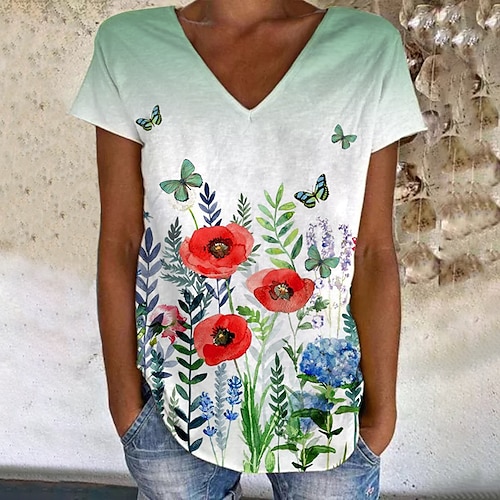

Women's Floral Theme Butterfly Painting T shirt Floral Butterfly Print V Neck Basic Tops Green Blue Pink / 3D Print