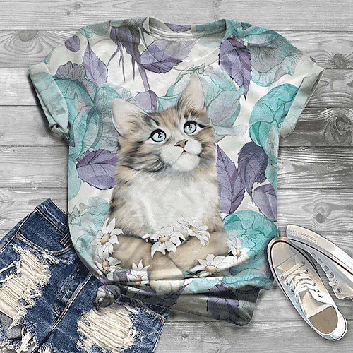 

Women's T shirt Tee Green Pink Yellow Floral Cat Print Short Sleeve Casual Weekend Basic Round Neck Regular Floral Cat Painting S / 3D Print