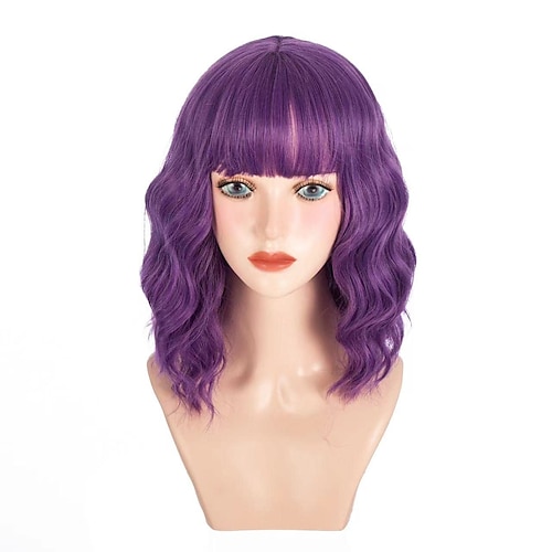 

Purple Bob Curly Wavy Wig Pastel Shoulder Length Bob Wavy Wig with Bangs for Women Heat Resistant Daily Party Cosplay 12inch