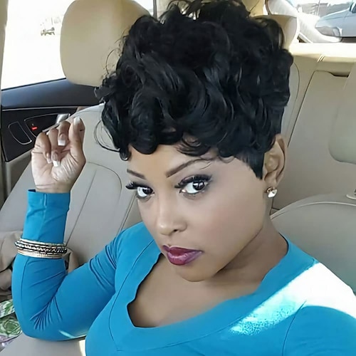 

Piexie Cut Wigs for Women Black Pixie Cut Wig Short Pixie Wigs for Black Women Short Black Curly Pixie Wigs Natural Wavy Synthetic Hair Wigs Short Layered Wig For Black Women