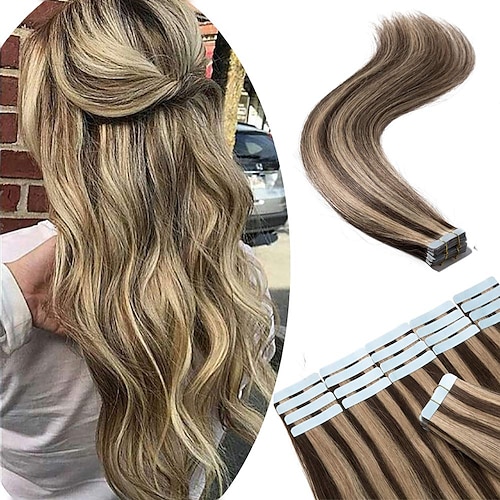 

Tape in Remy Hair Extensions 100% Human Hair 12-24 Inch 100g 40pcs Long Straight Seamless Skin Weft Glue in Human Hairpieces Highlight #4/27 Medium Brown Mix Dark Blonde Balayage Hair