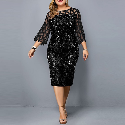 

Women's Plus Size Sheath Dress Solid Color Round Neck Sequins 3/4 Length Sleeve Fall Winter Work Casual Sexy Prom Dress Midi Dress Party Daily Dress / Ruffle / Mesh