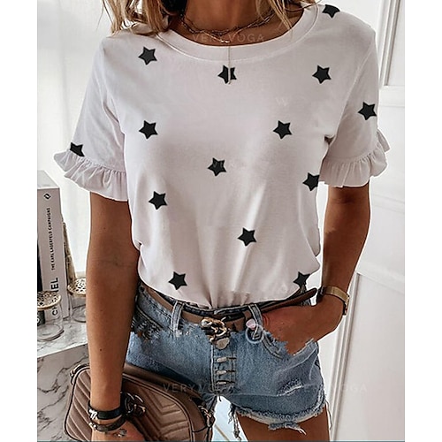 

Mulheres Camiseta Branco Cáqui Estrela Frufru Imprimir Manga Curta Casual Final de semana Básico Decote Redondo Padrão Pintura S