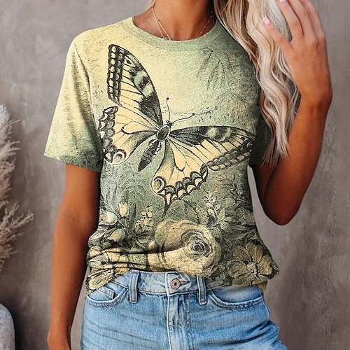 

Women's Casual Weekend Butterfly Painting T shirt Tee Butterfly Short Sleeve Print Round Neck Basic Tops Yellow S / 3D Print