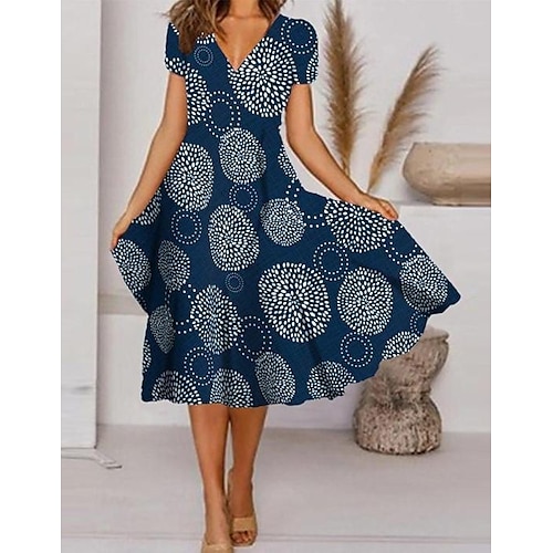 

Women's Casual Dress Swing Dress Midi Dress Blue Navy Blue White Short Sleeve Floral Print Spring Summer V Neck 2022 S M L XL 2XL 3XL