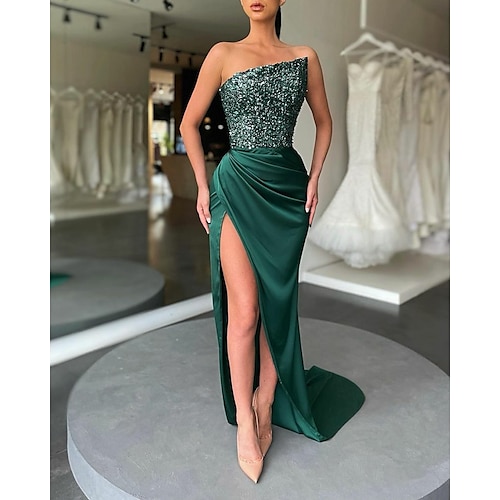 

Mermaid / Trumpet Sexy Sparkle & Shine Prom Formal Evening Dress Strapless Long Sleeve Sweep / Brush Train Sequined with Sequin Slit 2022