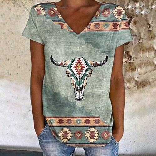 

Women's T shirt Tee Green Geometric Cow Print Short Sleeve Casual Weekend Basic Vintage Boho V Neck Regular Geometric Painting S