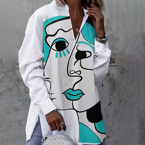 

Women's Blouse Shirt White Abstract Portrait Button Print Long Sleeve Daily Weekend Streetwear Casual Shirt Collar Long Portrait S