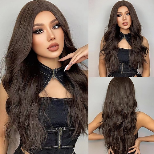 

HAIRCUBE Long Body Wave Wigs Ombre Black Brown Ash Blonde Synthetic Wig Cosplay Middle Part Natural Heat Resistant Wig for Women