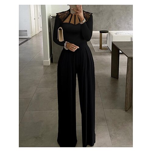 

Women's Jumpsuit Lace Solid Color Crew Neck Elegant Daily Vacation Straight Regular Fit Long Sleeve Black S M L Spring
