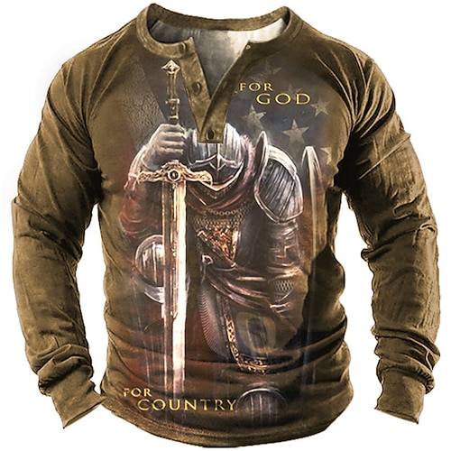 

Homme Sweat shirt Sweat Marron Col Henley Graphic Chevaliers templiers Sport Loisir Casual du quotidien 3D effet Grande Taille basique Rétro Vintage Design Printemps été Vêtement Tenue Soldier