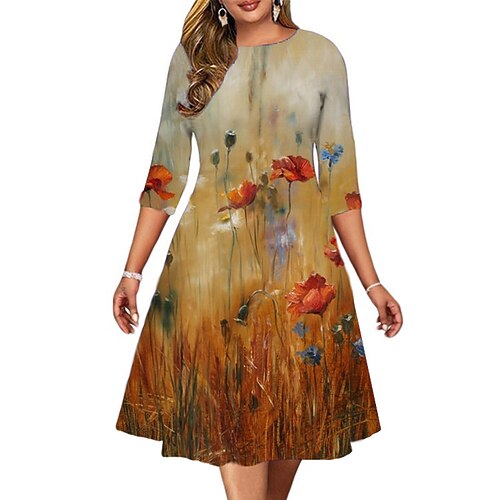 

Women's Plus Size Casual Dress Floral Crew Neck Print 3/4 Length Sleeve Fall Spring Casual Midi Dress Causal Daily Dress