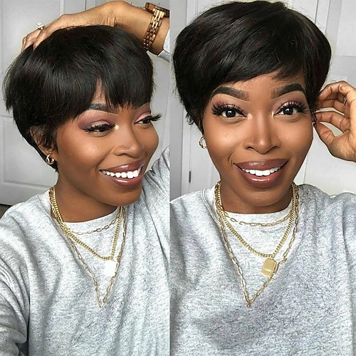 

Pixie Cut Wig Straight Human Hairc Capless Wig Short Bob Wig Cheap Remy Human Hair Wigs For Black Women Full Manchine Made Wigs With Bangs