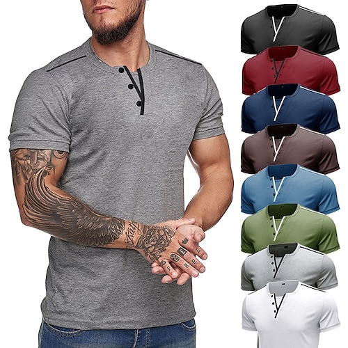 

Men's T shirt Hiking Tee shirt Henley Shirt Short Sleeve V Neck Top Outdoor Breathable Quick Dry Lightweight Sweat wicking Summer Navy Denim Blue Green Fishing Climbing Beach