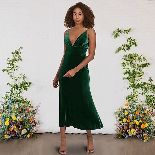 

A-Line Bridesmaid Dress V Neck / Spaghetti Strap Sleeveless Sexy Tea Length Velvet with Solid Color 2022