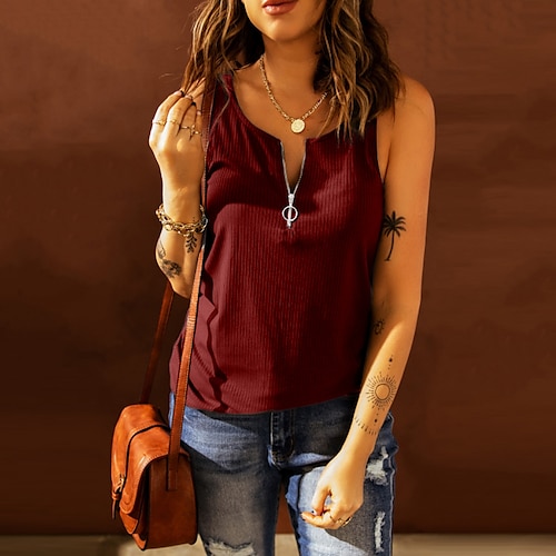 

Women's Tank Top Vest Pink Wine Khaki Plain Quarter Zip Sleeveless Daily Weekend Streetwear Casual V Neck Regular S