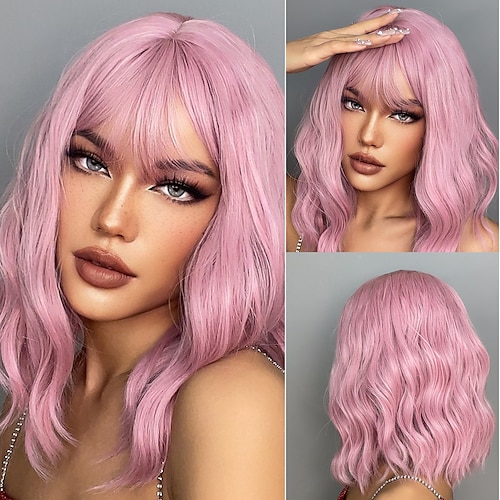 

HAIRCUBE Cosplay Bob Wig with Bangs Pink/Ombre Brown/Auburn/green/Wine Synthetic Culy Wigs for African American Women Natural