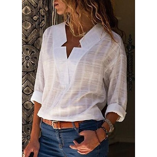 

Women's Blouse Shirt Pink White Black Plain Long Sleeve Casual Daily Basic Vintage Elegant V Neck Regular S