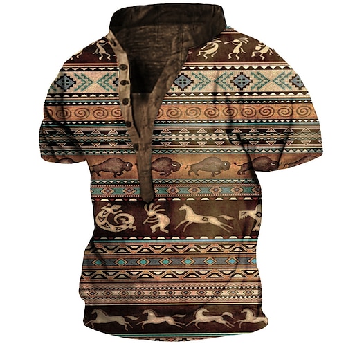 

Men's T shirt Tee Henley Shirt Tee Graphic Tribal Argyle Henley Brown 3D Print Outdoor Casual Short Sleeve Button-Down Print Clothing Apparel Vintage Sports Fashion Retro / Summer / Summer