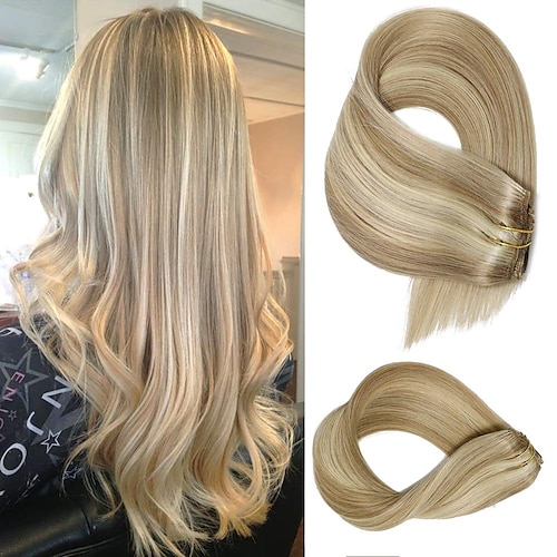 

Clip in Hair Extensions Remy Human Hair Dirty Blonde to Blonde Highlight Hair Extensions 7pcs 70G Real Hair Extensions 22Inch Straight Curtain Hair Extensions