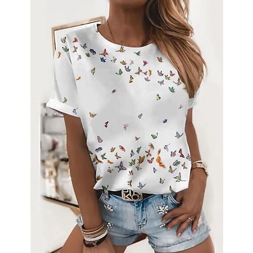 

Women's T shirt Tee White Butterfly Print Short Sleeve Casual Daily Basic Round Neck Regular Loose Fit Butterfly S / 3D Print