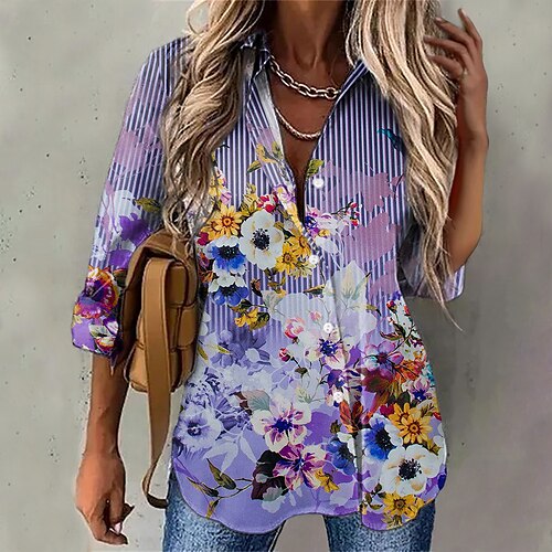 

Women's Blouse Shirt Purple Floral Striped Button Print Long Sleeve Holiday Weekend Streetwear Casual Shirt Collar Regular S / 3D Print