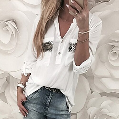 

Women's Blouse Shirt White Plain Sequins Button Long Sleeve Daily Weekend Streetwear Casual V Neck Regular Cotton S