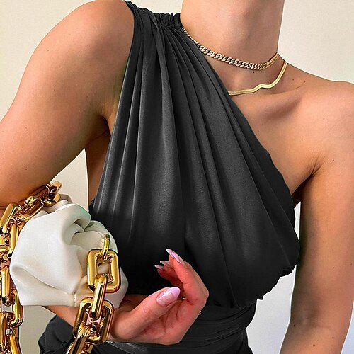 

yj22065pf fashion solid color sexy pleated one-shoulder satin top 2022 spring and summer new amazon hot sale