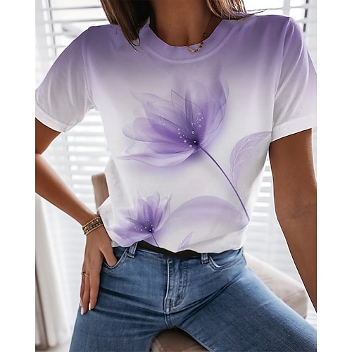 

Women's T shirt Tee Floral Daily Holiday Weekend Floral Painting T shirt Tee Long Sleeve Print Round Neck Basic Essential Green Blue Purple S / 3D Print