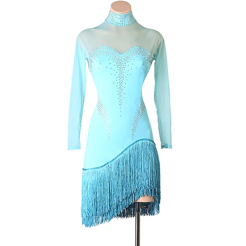 

Latin Dance Dress Tassel Crystals / Rhinestones Women's Training Performance Long Sleeve Mesh Spandex