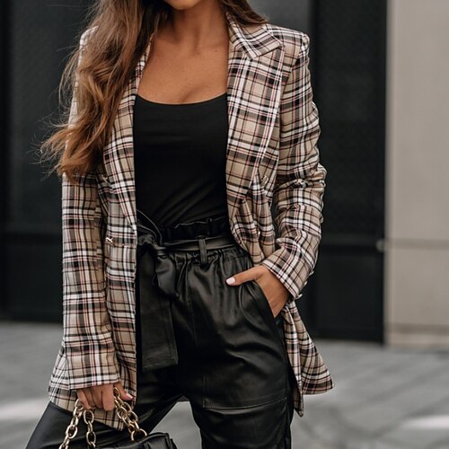 

Women's Blazer Outdoor Street Daily Spring Summer Regular Coat Regular Fit Breathable Streetwear Casual Jacket Long Sleeve Plaid / Check Pocket Apricot