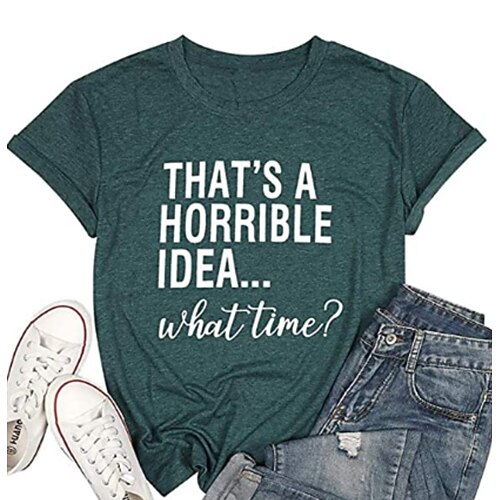 

Women's T shirt Tee Green Blue Purple Text Print Short Sleeve Casual Weekend Basic Round Neck Regular Painting S