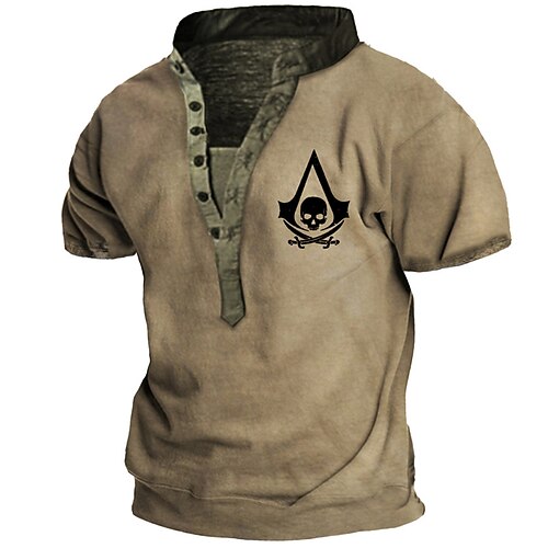 

Men's T shirt Tee Henley Shirt Tee Graphic Skull Henley Brown 3D Print Outdoor Casual Short Sleeve Button-Down Print Clothing Apparel Vintage Sports Fashion Retro / Summer / Summer