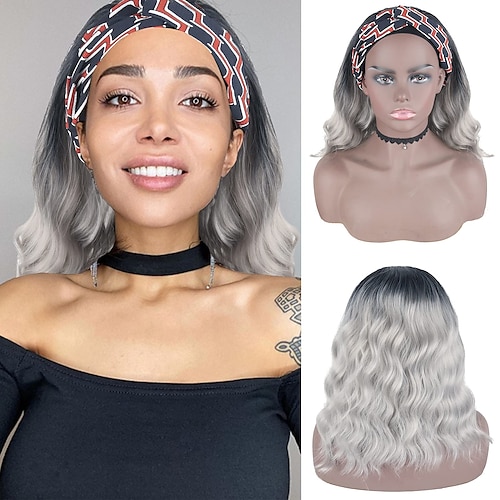 

Headband Wigs Short Gray Wavy Bob Ombre Headband Wigs for Black WomenGrey Wavy Curly Headband Wig Synthetic Body Wave Wig with Headband Attached Natural Looking Wigs for Women Turban Wig 14inch