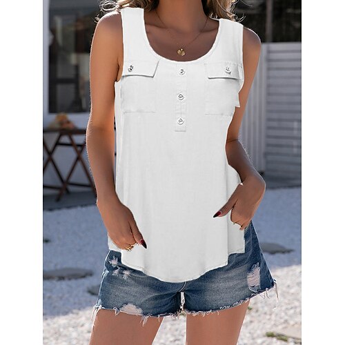 

Women's Tank Top Daily Beach Tank Top T shirt Tee Button Basic Essential Vintage White Black Blue XL