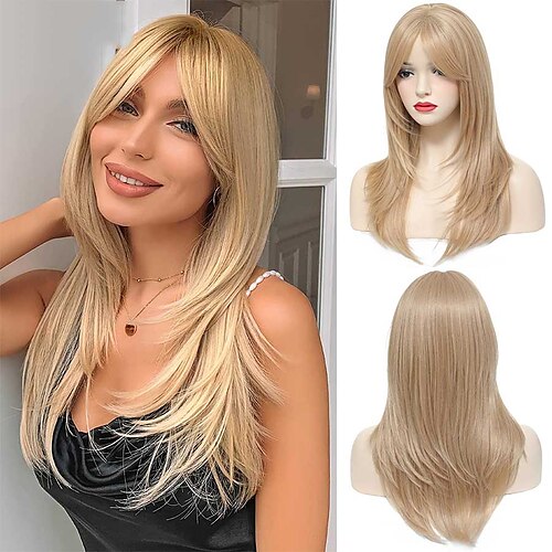 

Blonde Wigs with Bangs Blonde Long Layered Synthetic Hair Wigs for Women 20 Inches Natural Straight Wig with Bangs for Daily Party Use