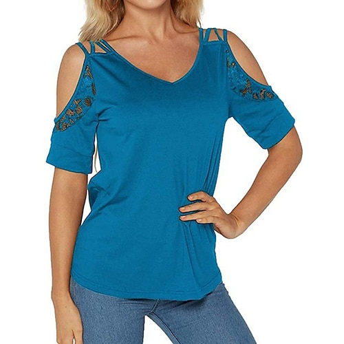 

Women's T shirt Tee Blue Navy Blue Gray Plain Lace Trims Cold Shoulder Short Sleeve Casual Weekend Basic V Neck Regular S