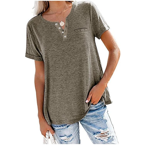 

Women's T shirt Tee claret Tan Green Plain Button Short Sleeve Daily Weekend Basic V Neck Regular S