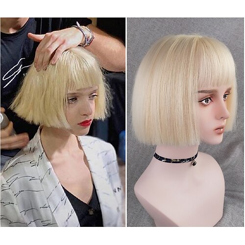 

Blonde Wigs with Bangs Blonde Short Bob Wig With Bangs for Women Heat Resistant Synthetic Wigs Cosplay Party Lolita Bob Hairstyles Silver Green