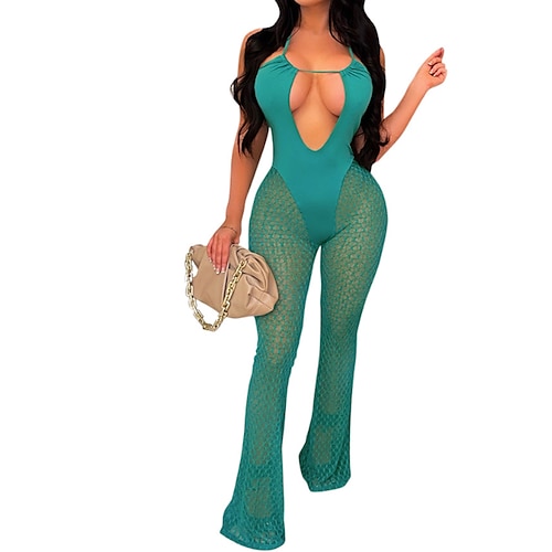 

Women's Jumpsuit Cut Out Mesh Solid Color Halter Neck Elegant Party Regular Fit Sleeveless Green S M L Spring