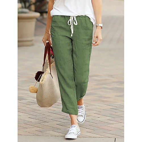 

Women's Chinos Slacks Pants Trousers Straight Cotton And Linen Green Beige Light Blue Mid Waist Basic Comfort Office / Career Daily Work Pocket Ankle-Length Breathability Solid Colored S M L XL XXL