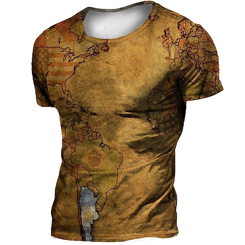

Men's Unisex T shirt 3D Print Map Graphic Prints Crew Neck Street Daily Print Short Sleeve Tops Casual Designer Big and Tall Sports Brown Yellow