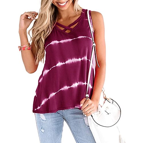 

Women's Tank Top Vest Blue Wine Khaki Tie Dye Striped Print Sleeveless Daily Weekend Streetwear Casual V Neck Regular S