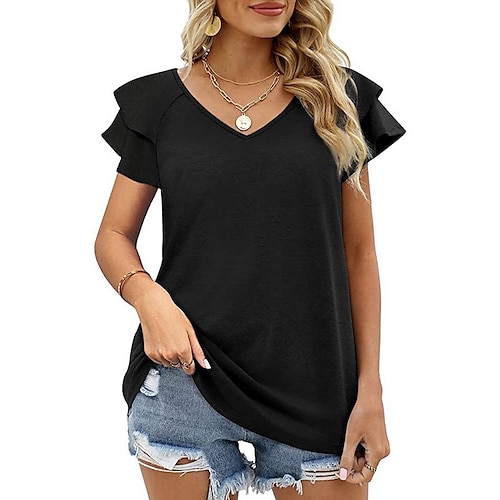

women's clothing summer solid color v-neck double layer ruffle sleeve loose top t-shirt